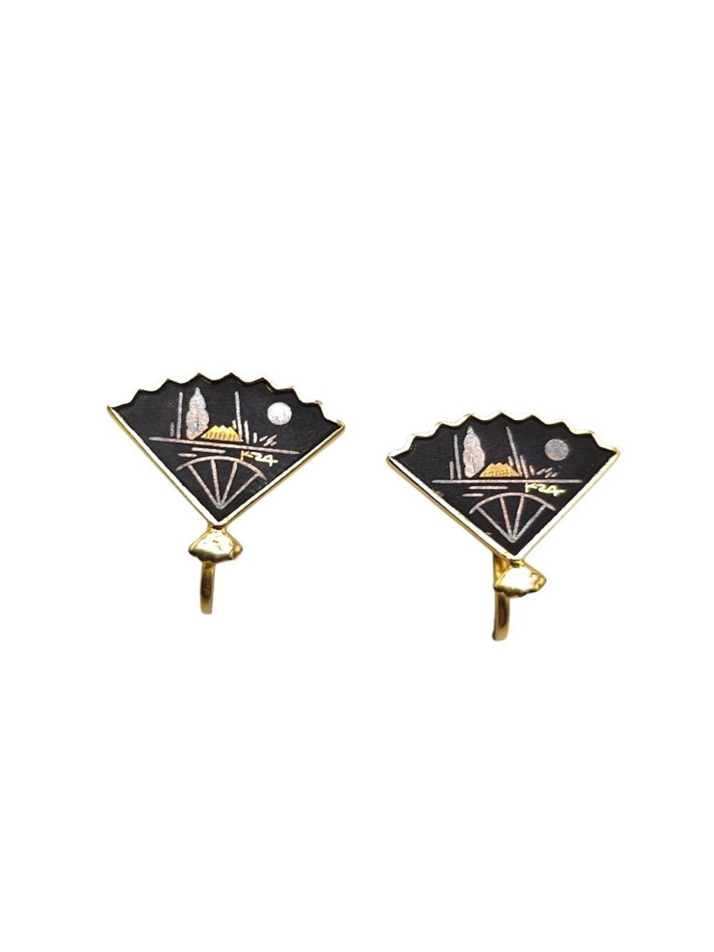Japanese Damascene Fan Earrings Gold Black Screw Back 1 Inch Vintage Jewelry